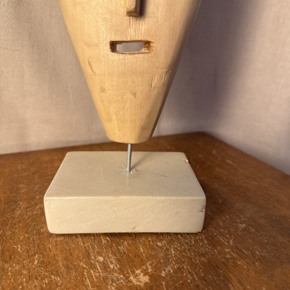 Vtg Hand Carved Wood Mask Head Mask Decor Stone Stand Art Sculpture Statue 14” - Picture 2 of 16